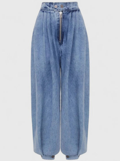 Effortless Blue Denim Two Piece Set for Women with Zip Front Crop Top Balloon Wide Leg Pant Casual Style