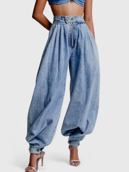 Effortless Blue Denim Two Piece Set for Women with Zip Front Crop Top Balloon Wide Leg Pant Casual Style