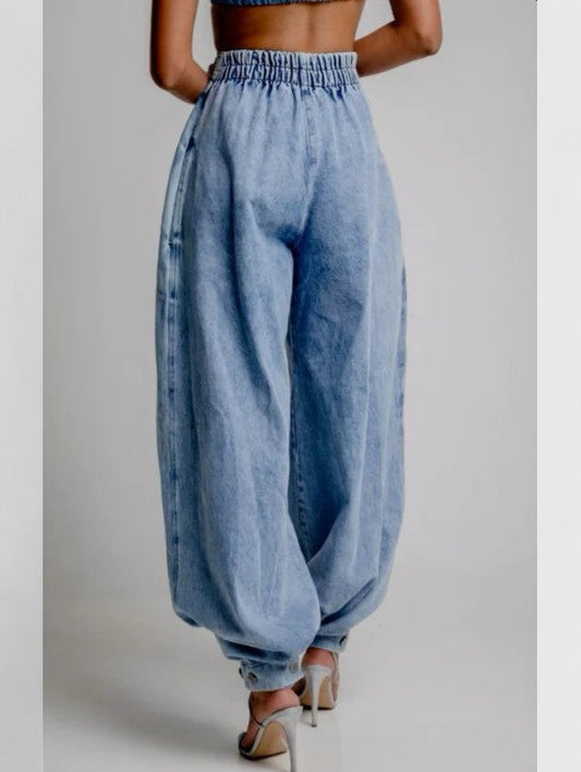 Effortless Blue Denim Two Piece Set for Women with Zip Front Crop Top Balloon Wide Leg Pant Casual Style