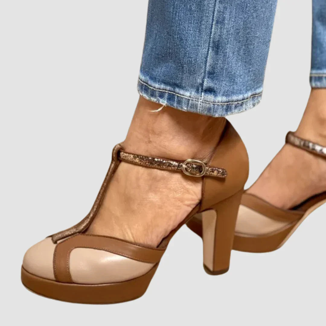 Elegant Brown Leather Platform Sandal for Women with T Strap Glitter Buckle Chunky Heel Style