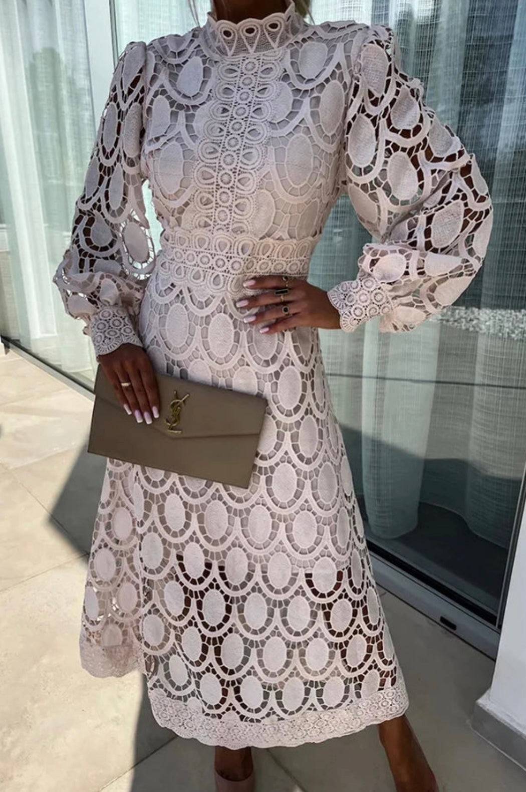 Elegant Crochet Lace Midi Dress for Women with High Neck Balloon Sleeve Scalloped Hem Style