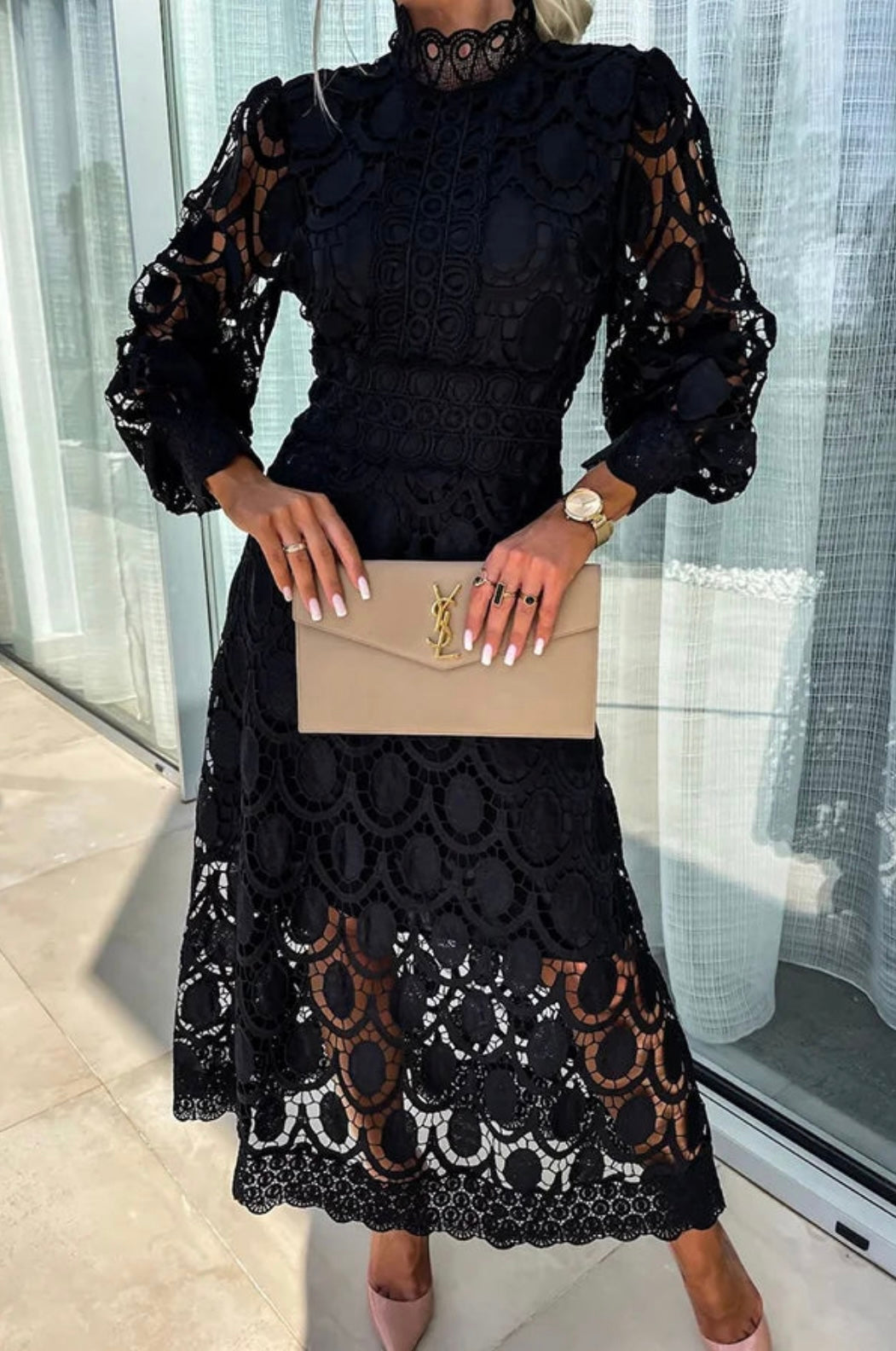 Elegant Crochet Lace Midi Dress for Women with High Neck Balloon Sleeve Scalloped Hem Style