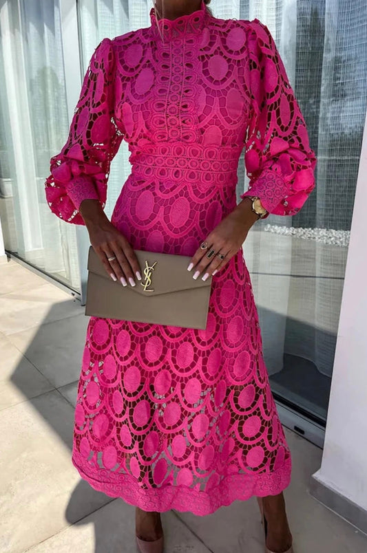 Elegant Crochet Lace Midi Dress for Women with High Neck Balloon Sleeve Scalloped Hem Style