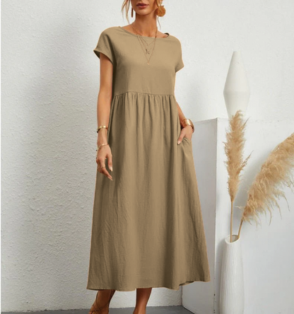 Effortless Cotton Maxi Dress for Women with Round Neck Short Sleeve Pocket Relaxed Casual Style