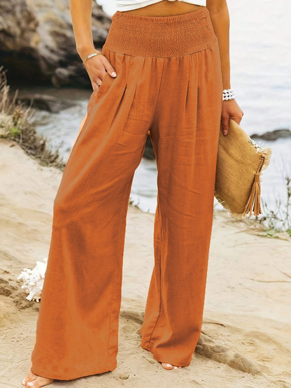 Effortless Linen Wide Leg Pants for Women with Smocked High Waist Pocket Casual Style