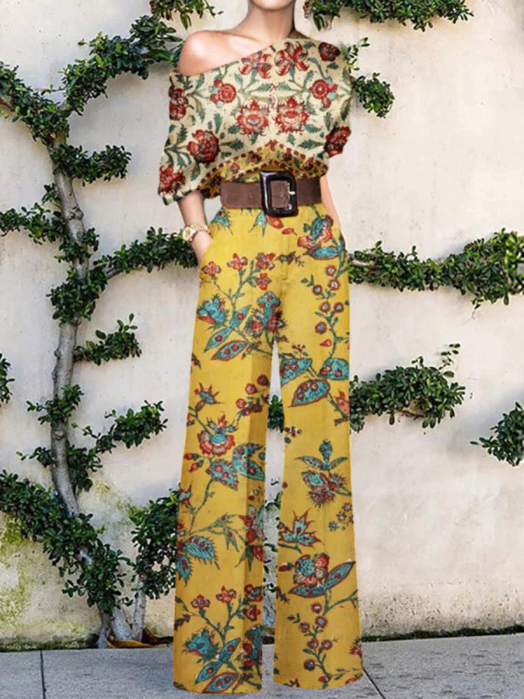 Effortless Printed Wide Leg Jumpsuit for Women with One Shoulder Batwing Sleeve Belted Bohemian Style