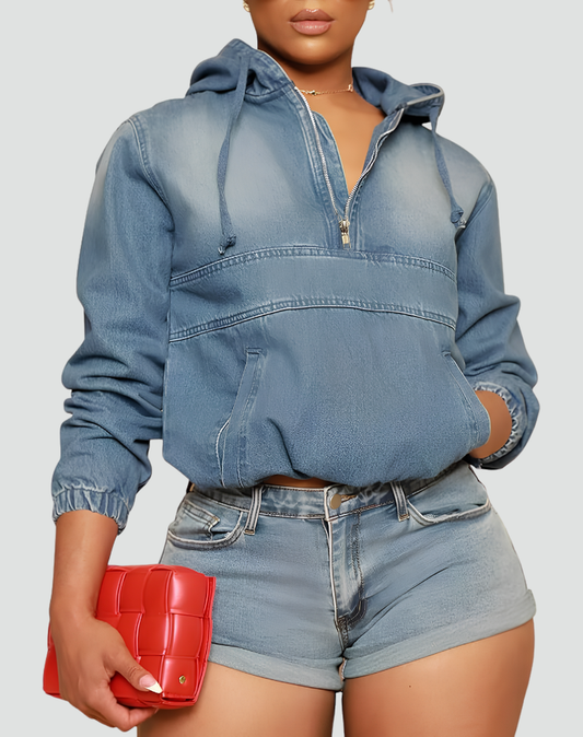 Women's Oversized Zip Front Hooded Denim Hoodie