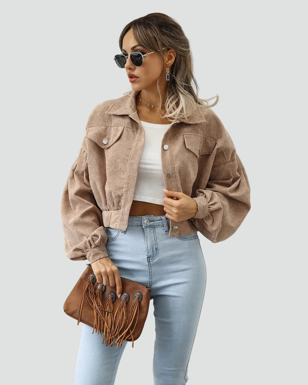 Women's Oversized Cropped Pockets Corduroy Jacket