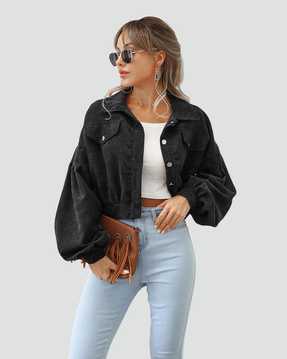 Women's Oversized Cropped Pockets Corduroy Jacket