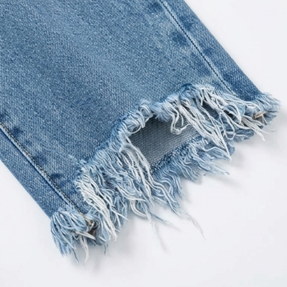 Effortless Distressed Straight Leg Jeans for Women with High Waist Frayed Hem Cropped Casual Style