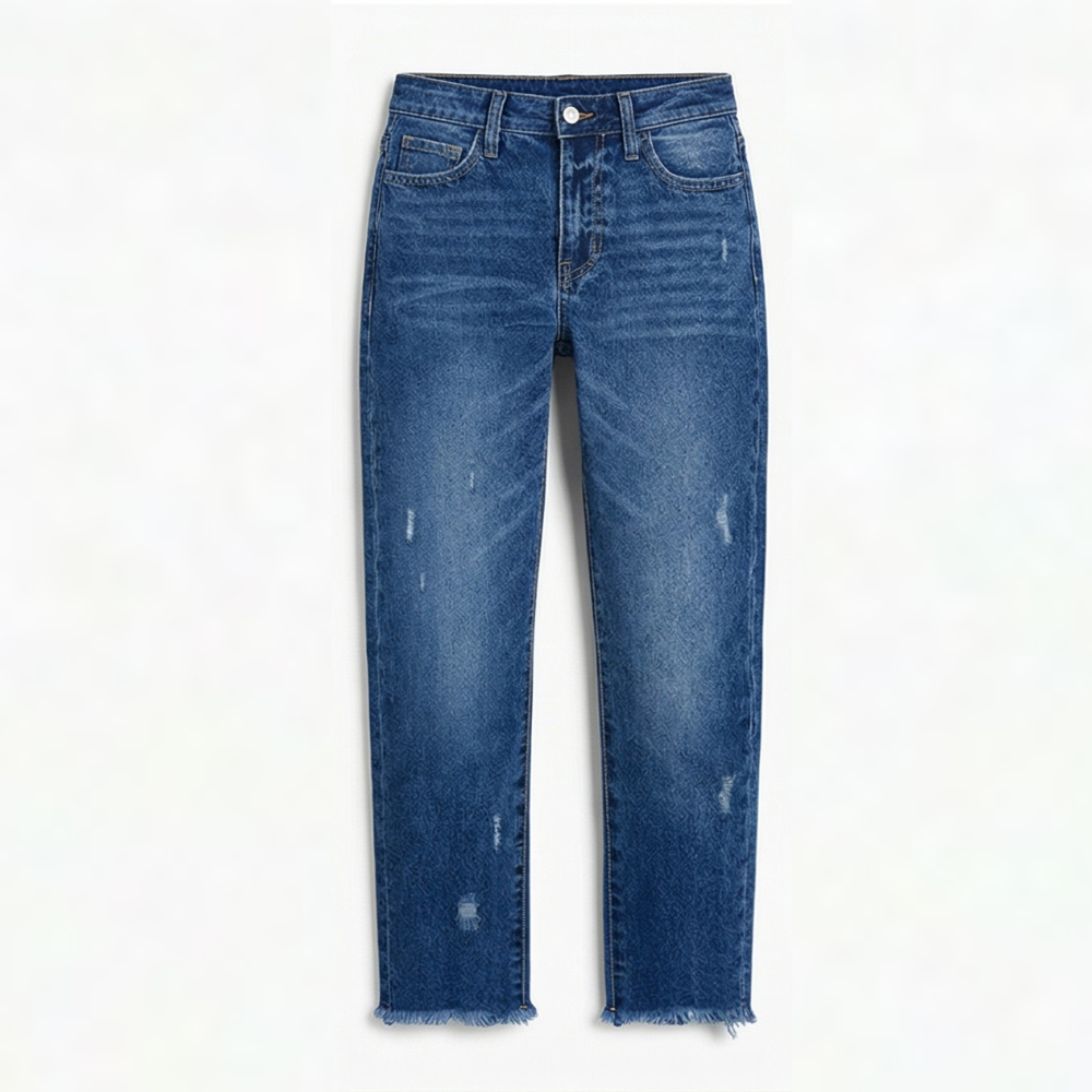 Effortless Distressed Straight Leg Jeans for Women with High Waist Frayed Hem Cropped Casual Style