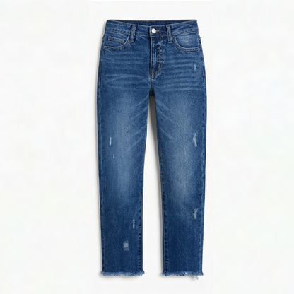 Effortless Distressed Straight Leg Jeans for Women with High Waist Frayed Hem Cropped Casual Style