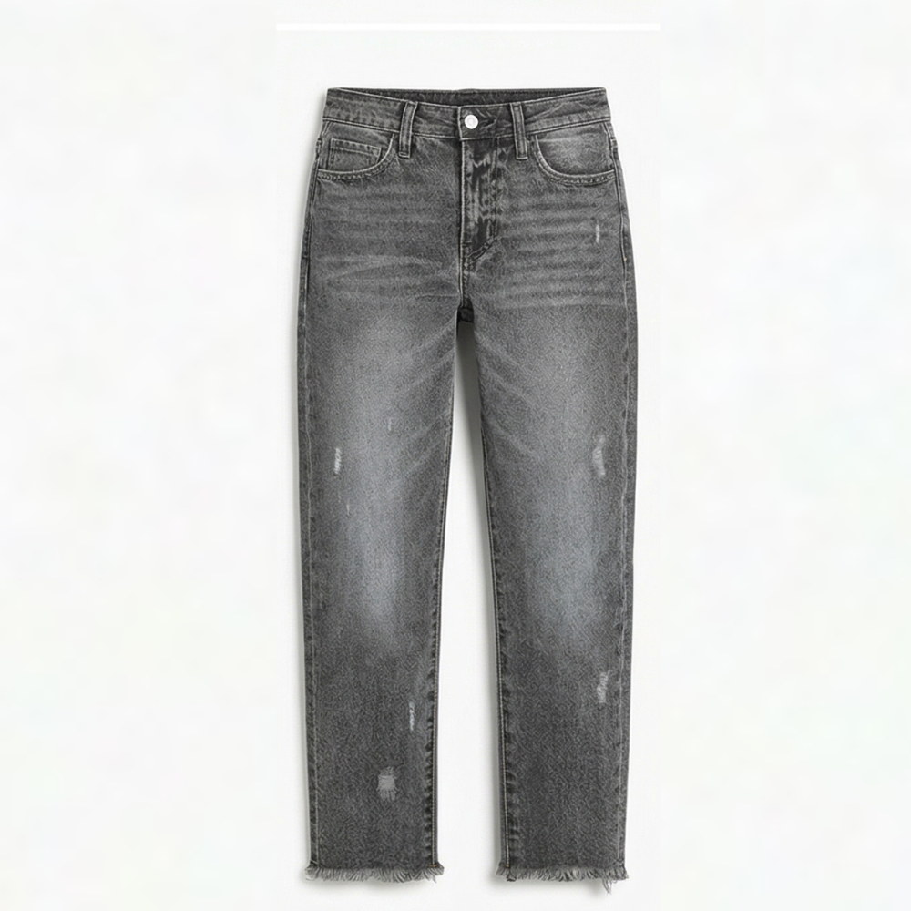 Effortless Distressed Straight Leg Jeans for Women with High Waist Frayed Hem Cropped Casual Style