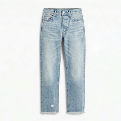 Effortless Distressed Straight Leg Jeans for Women with High Waist Frayed Hem Cropped Casual Style