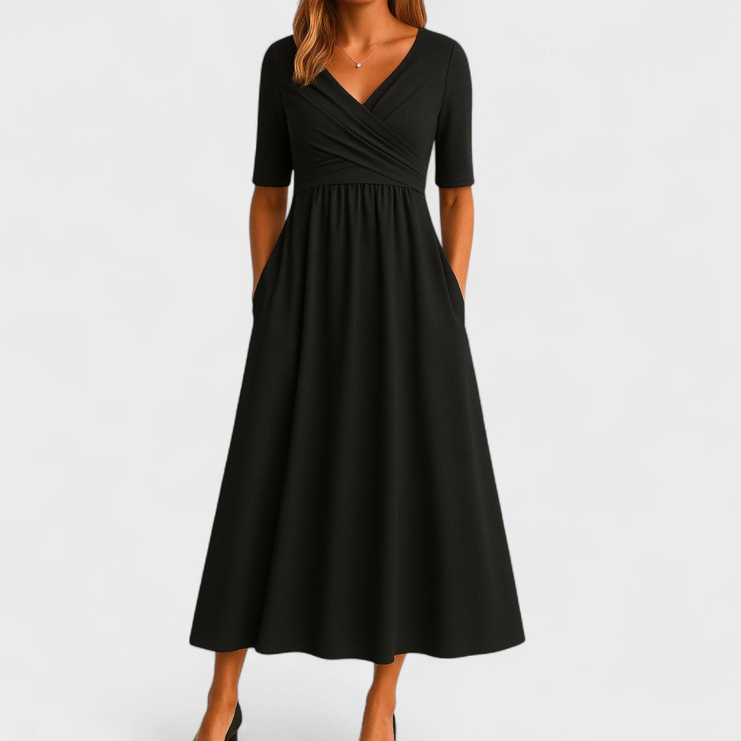 Elegant Grey Wrap Maxi Dress for Women with V Neck Elbow Sleeve Empire Waist Flowing Style