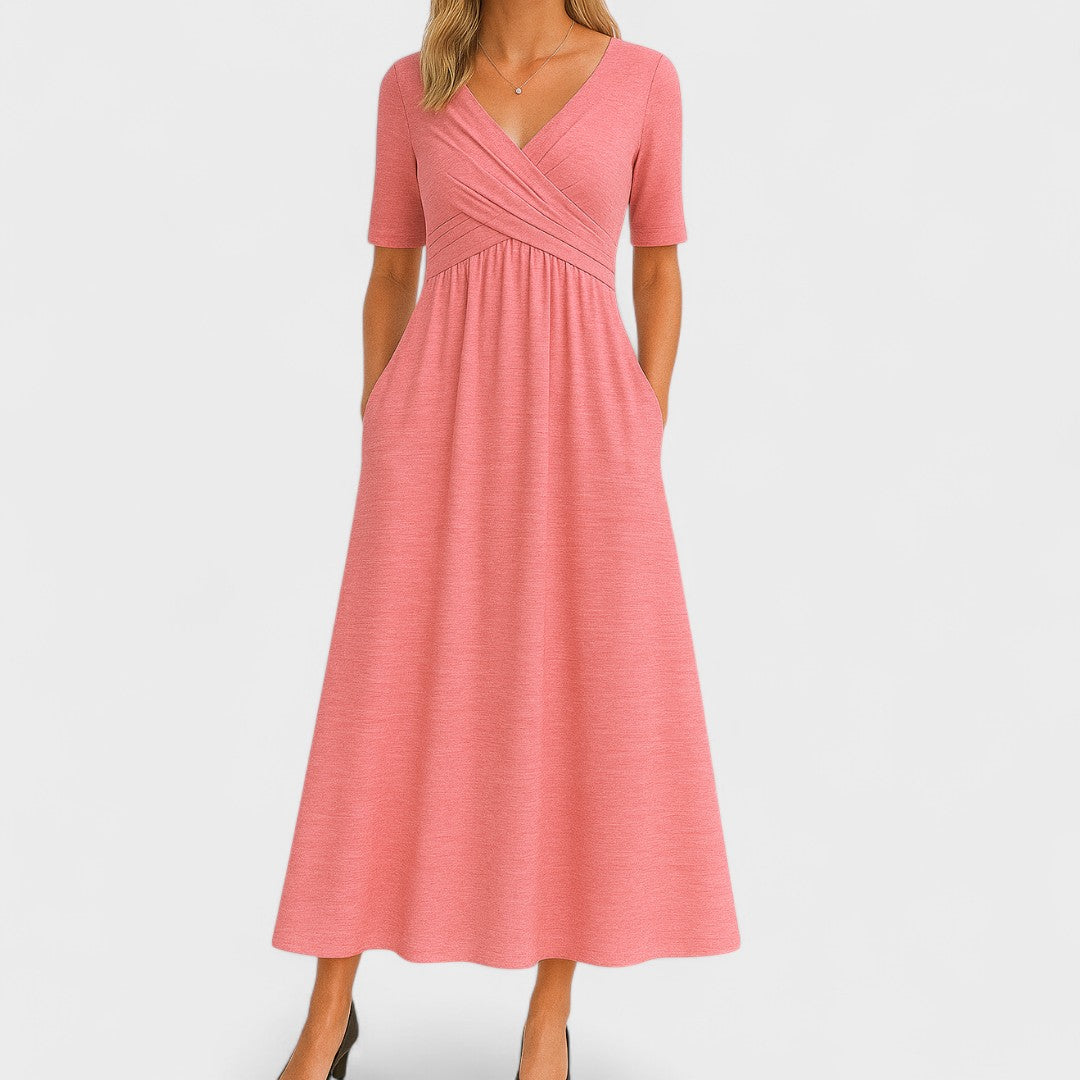 Elegant Grey Wrap Maxi Dress for Women with V Neck Elbow Sleeve Empire Waist Flowing Style