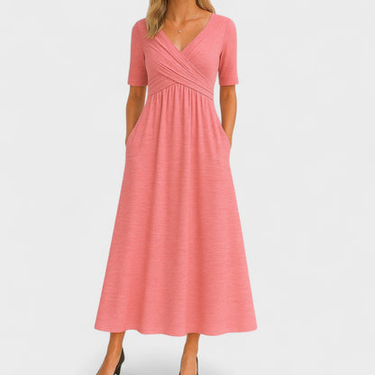 Elegant Grey Wrap Maxi Dress for Women with V Neck Elbow Sleeve Empire Waist Flowing Style