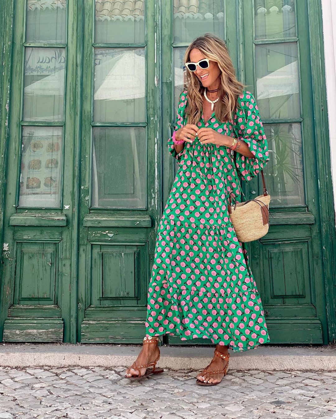 Effortless Floral Maxi Dress for Women with V Neck Bell Sleeve Tiered Ruffle Bohemian Style