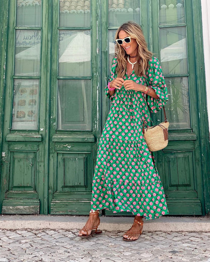 Effortless Floral Maxi Dress for Women with V Neck Bell Sleeve Tiered Ruffle Bohemian Style