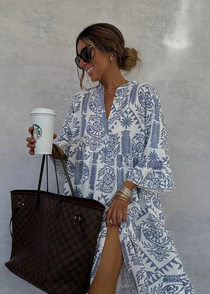 Effortless Blue Floral Mini Dress for Women with V Neck Bell Sleeve Tiered Ruffle Bohemian Style