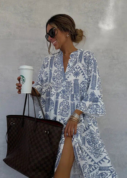 Effortless Blue Floral Mini Dress for Women with V Neck Bell Sleeve Tiered Ruffle Bohemian Style