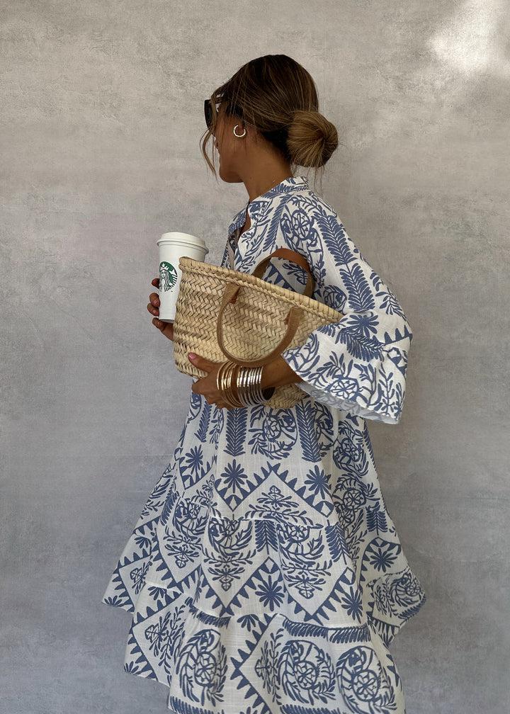Effortless Blue Floral Mini Dress for Women with V Neck Bell Sleeve Tiered Ruffle Bohemian Style