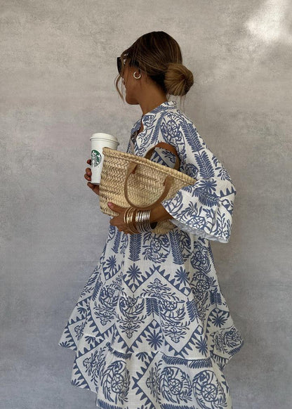 Effortless Blue Floral Mini Dress for Women with V Neck Bell Sleeve Tiered Ruffle Bohemian Style