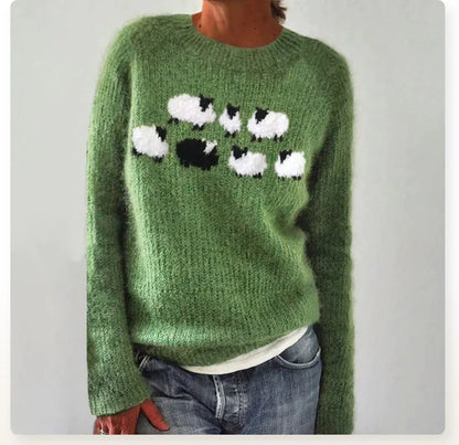 Comfortable Sheep Print Sweater for Women with Crew Neck Long Sleeve Relaxed Oversized Knit Style