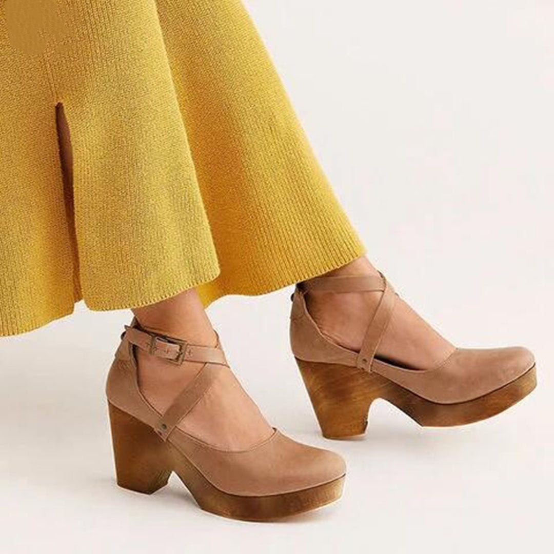 Effortless Leather Wedge Sandal for Women with Crisscross Ankle Strap Platform Wooden Heel Bohemian Style