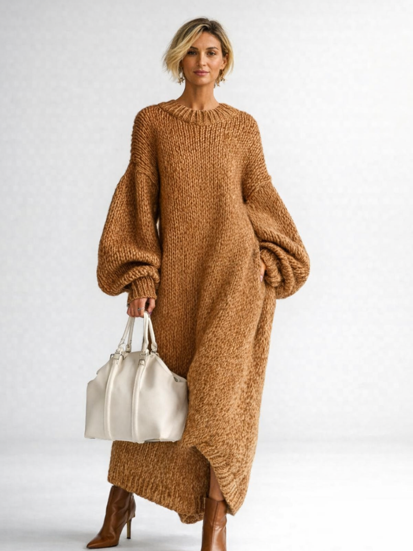 Cozy Brown Sweater Dress for Women with Crew Neck Long Sleeve Oversized Knit Maxi Style