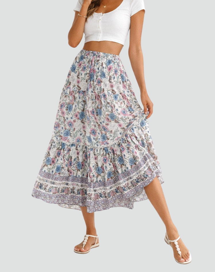 Effortless Floral Maxi Skirt for Women with Tiered Ruffle Elastic Waist Bohemian Style