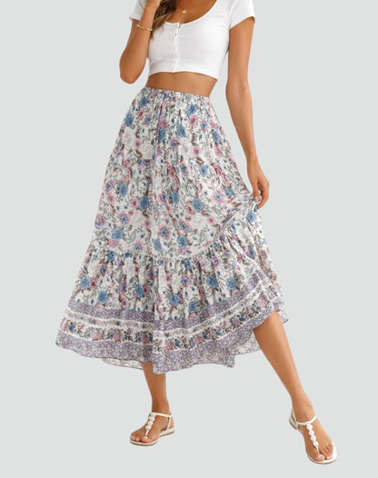 Effortless Floral Maxi Skirt for Women with Tiered Ruffle Elastic Waist Bohemian Style