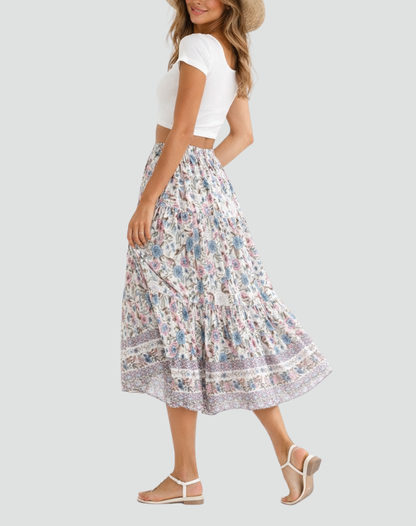 Effortless Floral Maxi Skirt for Women with Tiered Ruffle Elastic Waist Bohemian Style