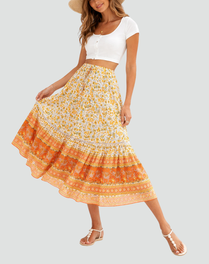 Effortless Floral Maxi Skirt for Women with Tiered Ruffle Elastic Waist Bohemian Style