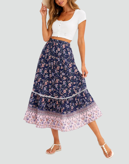 Effortless Floral Maxi Skirt for Women with Tiered Ruffle Elastic Waist Bohemian Style
