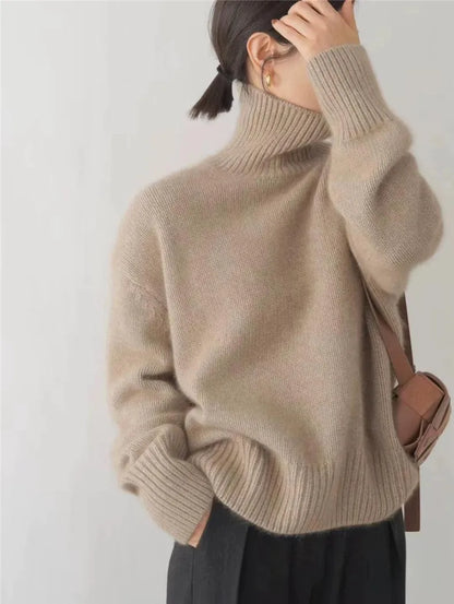 Comfortable Ribbed Knit Sweater for Women with High Neck Long Sleeve Relaxed Oversized Style