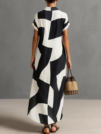 Effortless White Colorblock Maxi Dress for Women with Collar Short Sleeve Button Front Side Slit Style