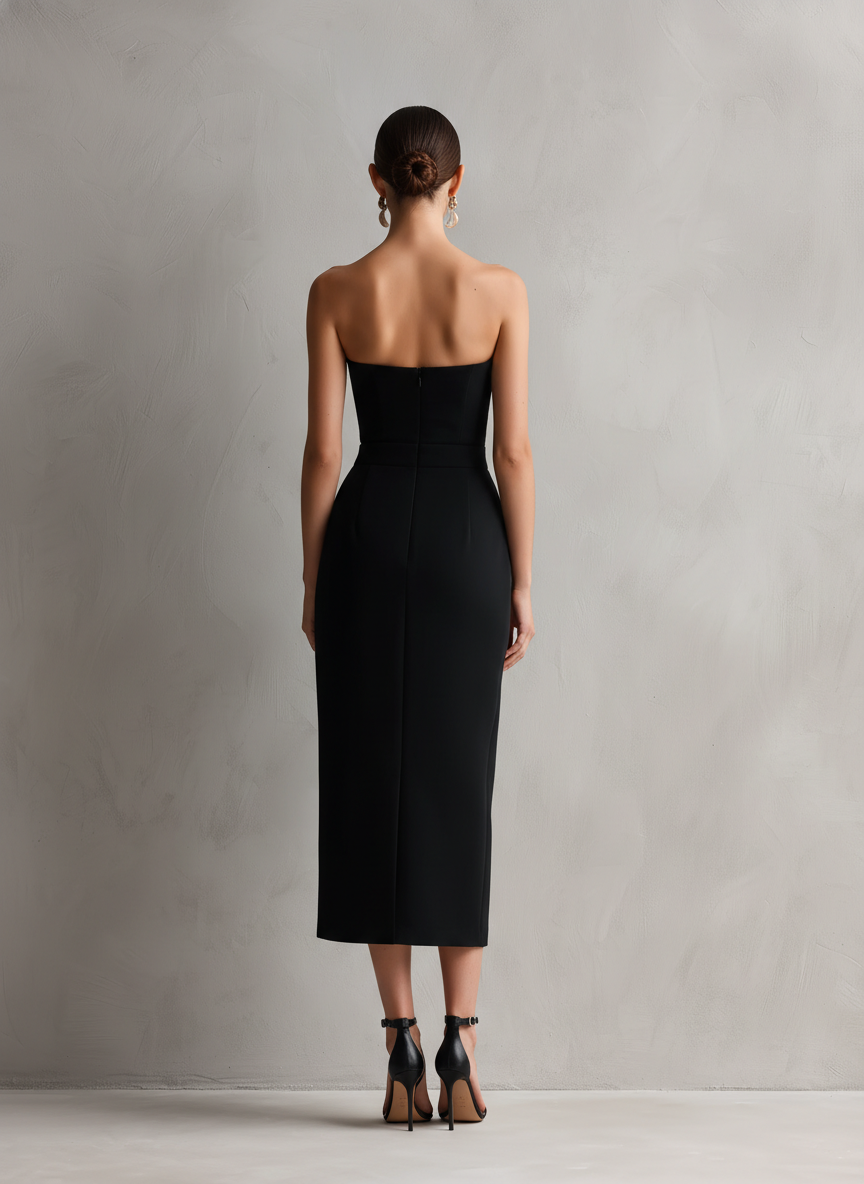 Elegant Black Midi Dress for Women with Strapless Bodycon Side Slit Cocktail Style
