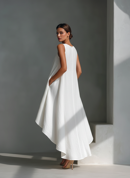 Effortless Linen High Low Dress for Women with Round Neck Sleeveless Flowing Asymmetrical Style