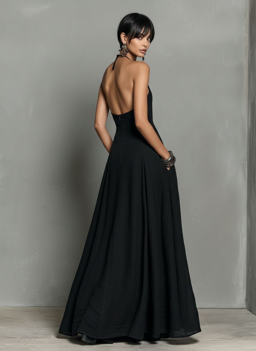 Elegant Black Linen Maxi Dress for Women with Halter Neck Sleeveless Flowing Boho Style