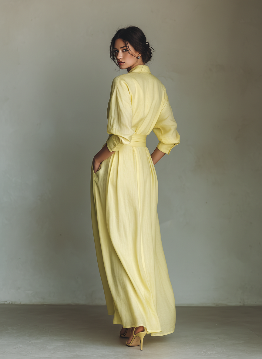 Elegant Yellow Linen Maxi Dress for Women with Collar Wrap Elbow Sleeve Flowing Style