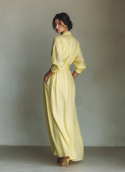 Elegant Yellow Linen Maxi Dress for Women with Collar Wrap Elbow Sleeve Flowing Style