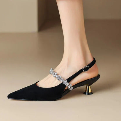 Elegant Rhinestone Slingback Heel for Women with Pointed Toe Ankle Strap Sculptural Heel Style