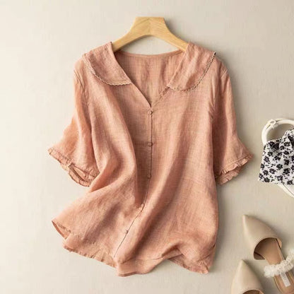 Effortless Linen Blouse for Women with Scalloped Collar Short Sleeve Button Front Casual Style