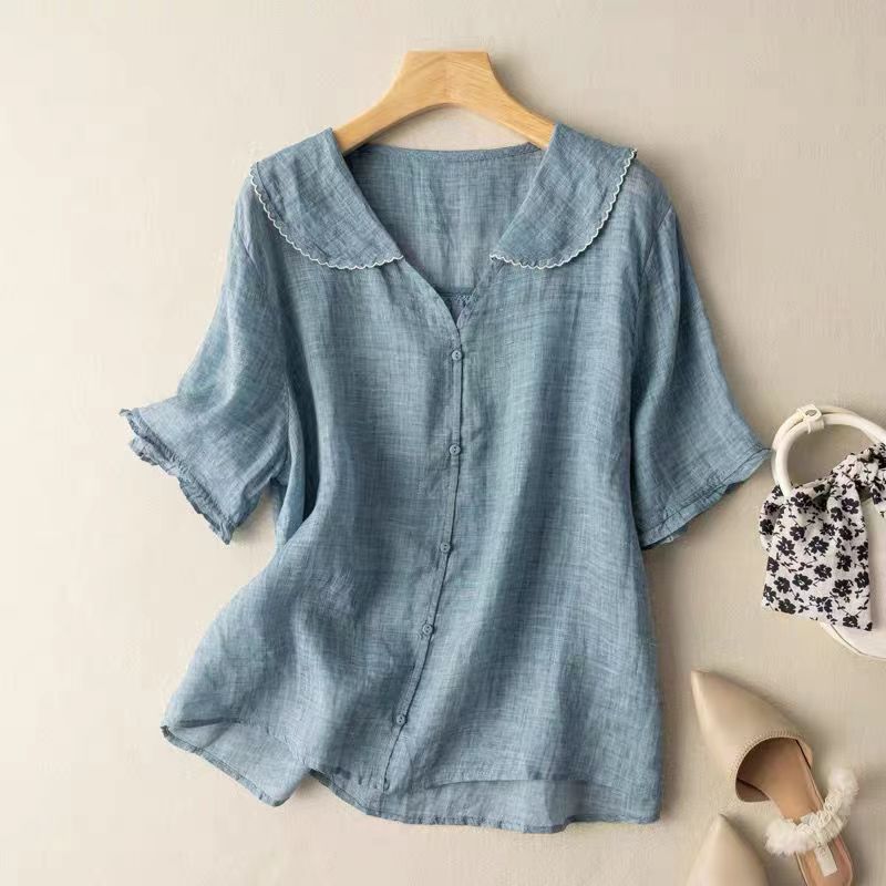 Effortless Linen Blouse for Women with Scalloped Collar Short Sleeve Button Front Casual Style