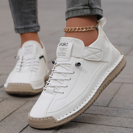 Comfortable Leather Sneakers for Women with Lace Up Velcro Strap Hand Stitched Casual Style