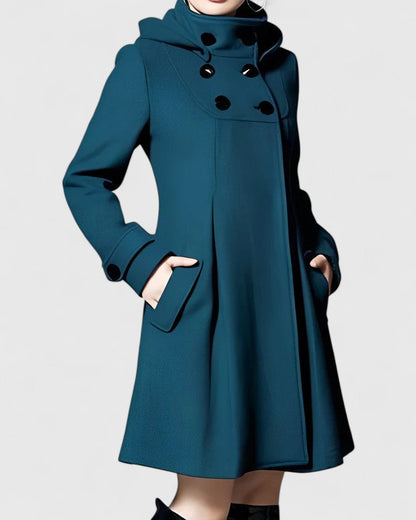 Effortless Long Wool Coat for Women with Hooded Double Breasted Button Placket Flared Swing Cold Weather Style