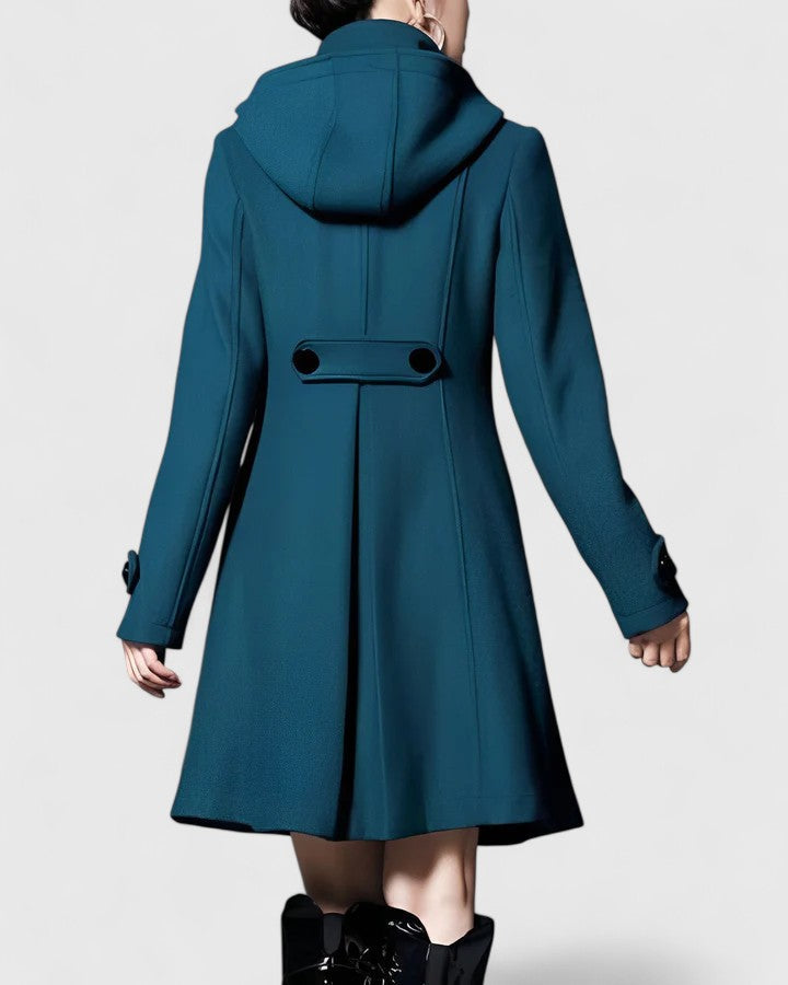 Effortless Long Wool Coat for Women with Hooded Double Breasted Button Placket Flared Swing Cold Weather Style