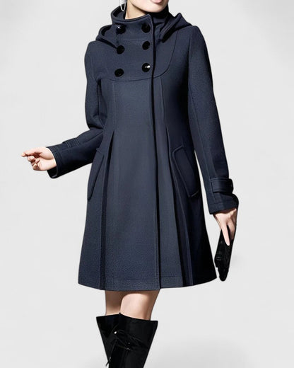 Effortless Long Wool Coat for Women with Hooded Double Breasted Button Placket Flared Swing Cold Weather Style