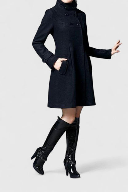 Effortless Long Wool Coat for Women with Hooded Double Breasted Button Placket Flared Swing Cold Weather Style